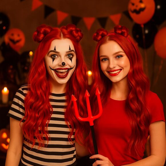 Long Red Curly Cosplay Wig with Buns & Earrings – Halloween Costume Wig - Picture 5 of 7